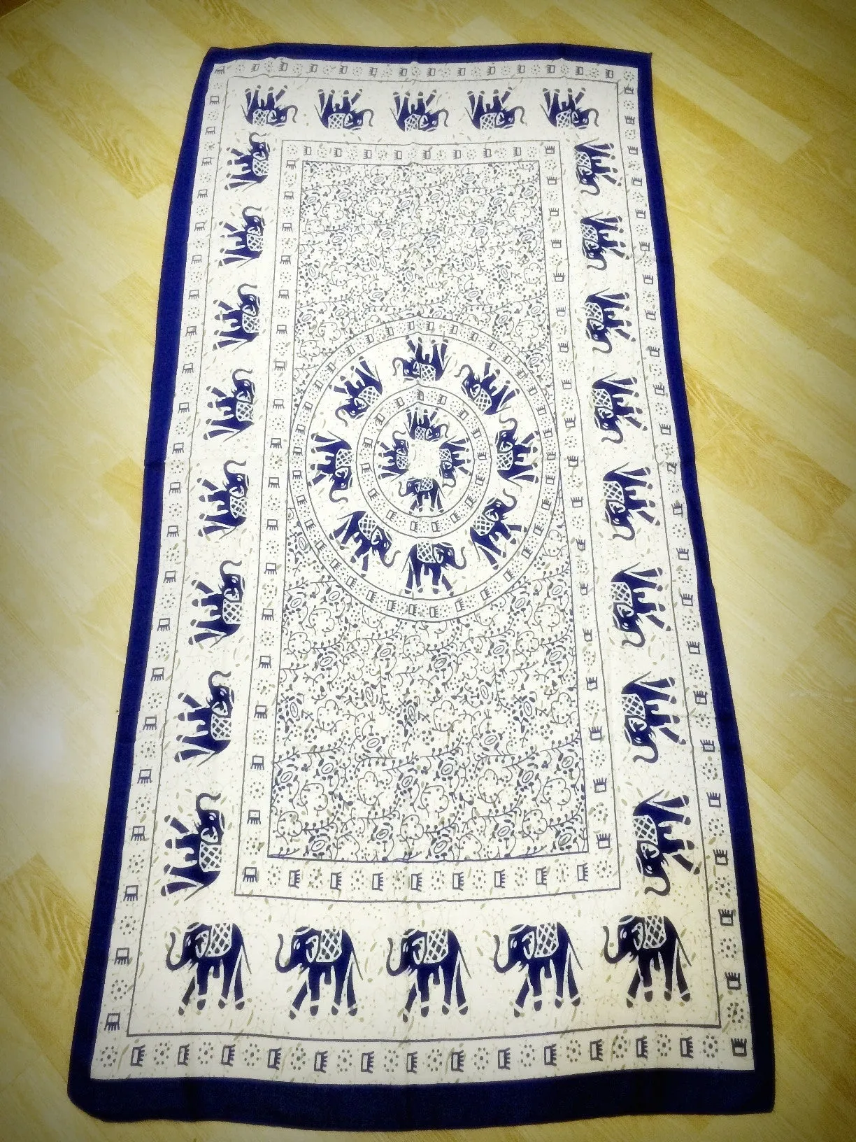 100% Organic Cotton Scarf Shawl From Thailand Elephant Mandala Blue