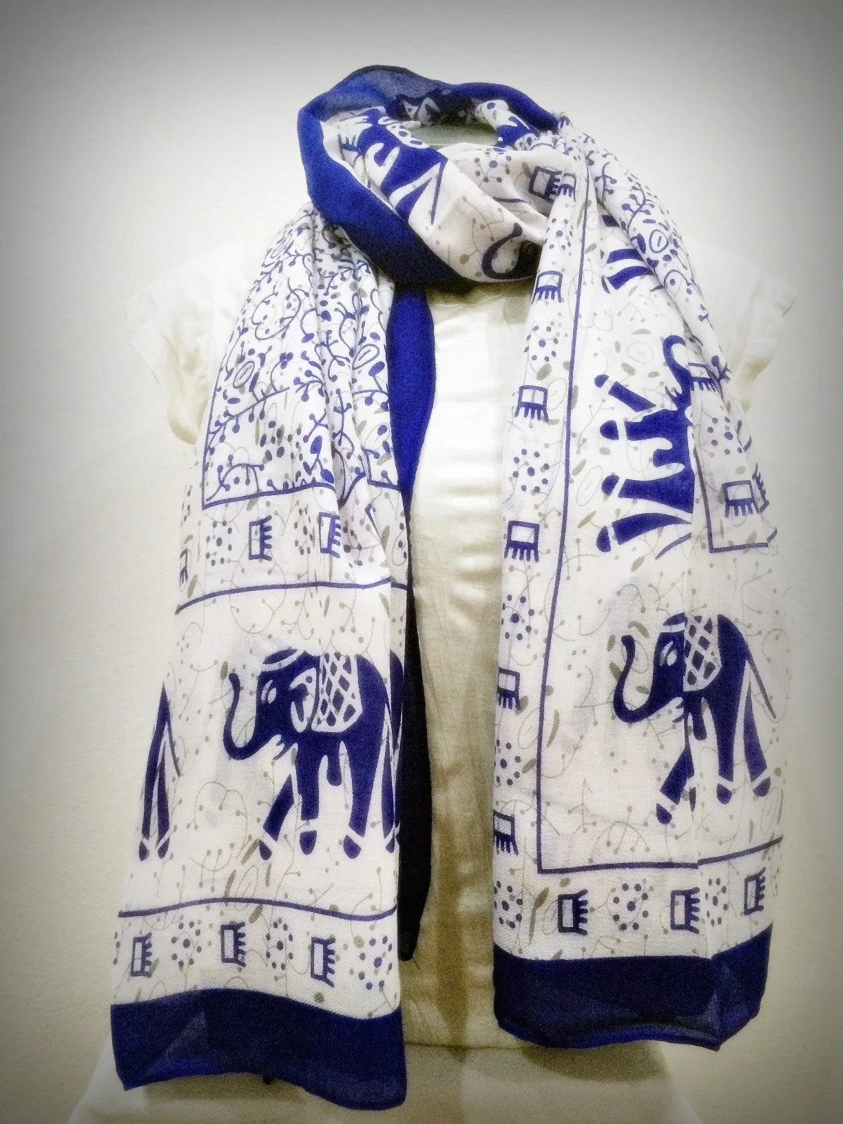 100% Organic Cotton Scarf Shawl From Thailand Elephant Mandala Blue