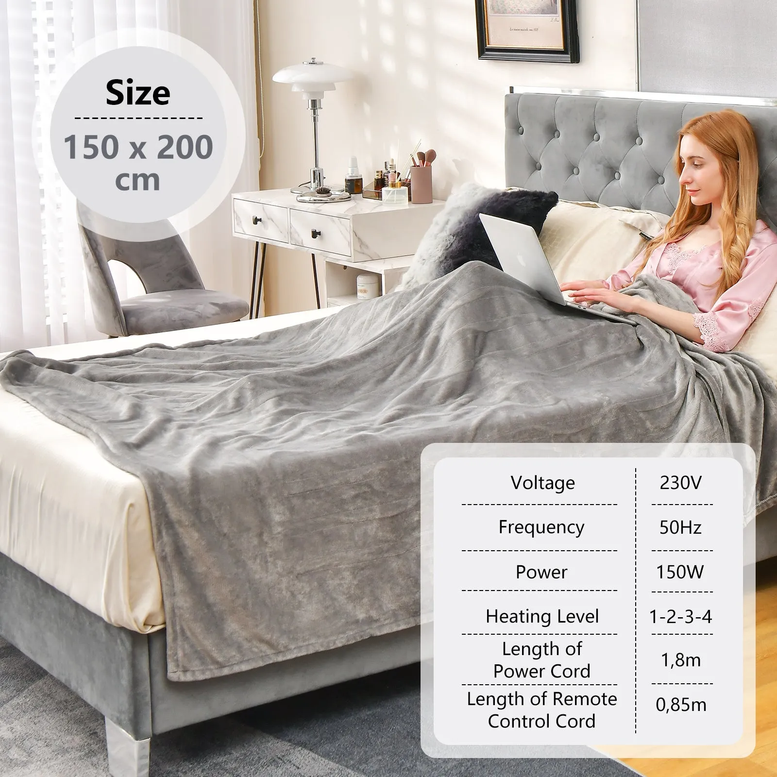 150 x 200 cm Electric Heated Blanket with 4 Heating Levels-Grey