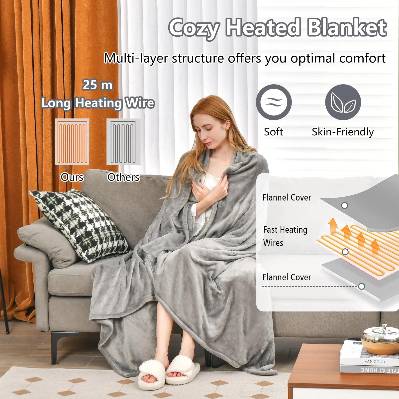 150 x 200 cm Electric Heated Blanket with 4 Heating Levels-Grey