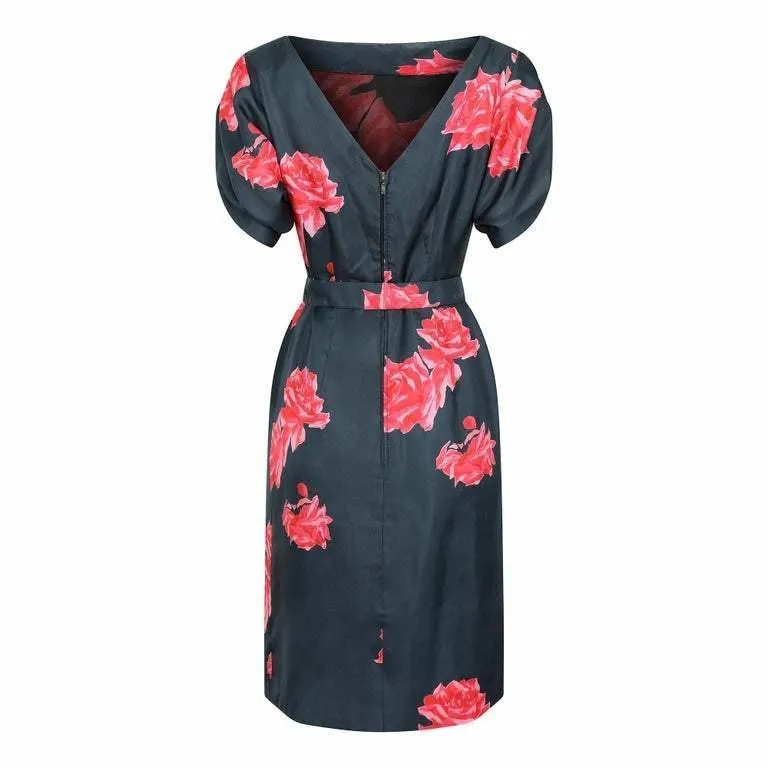 1950s Navy and Pink Silk Rose Print Dress