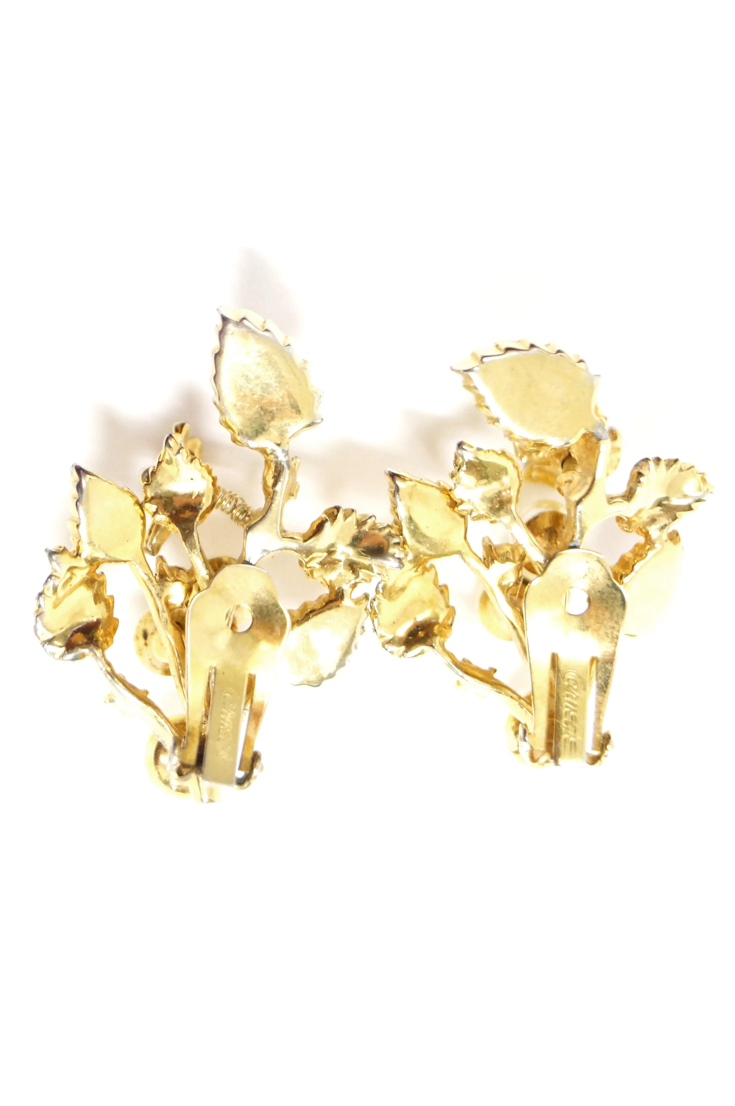 1960s Hattie Carnegie Floral Gold Tone Rhinestone Entremble Earrings