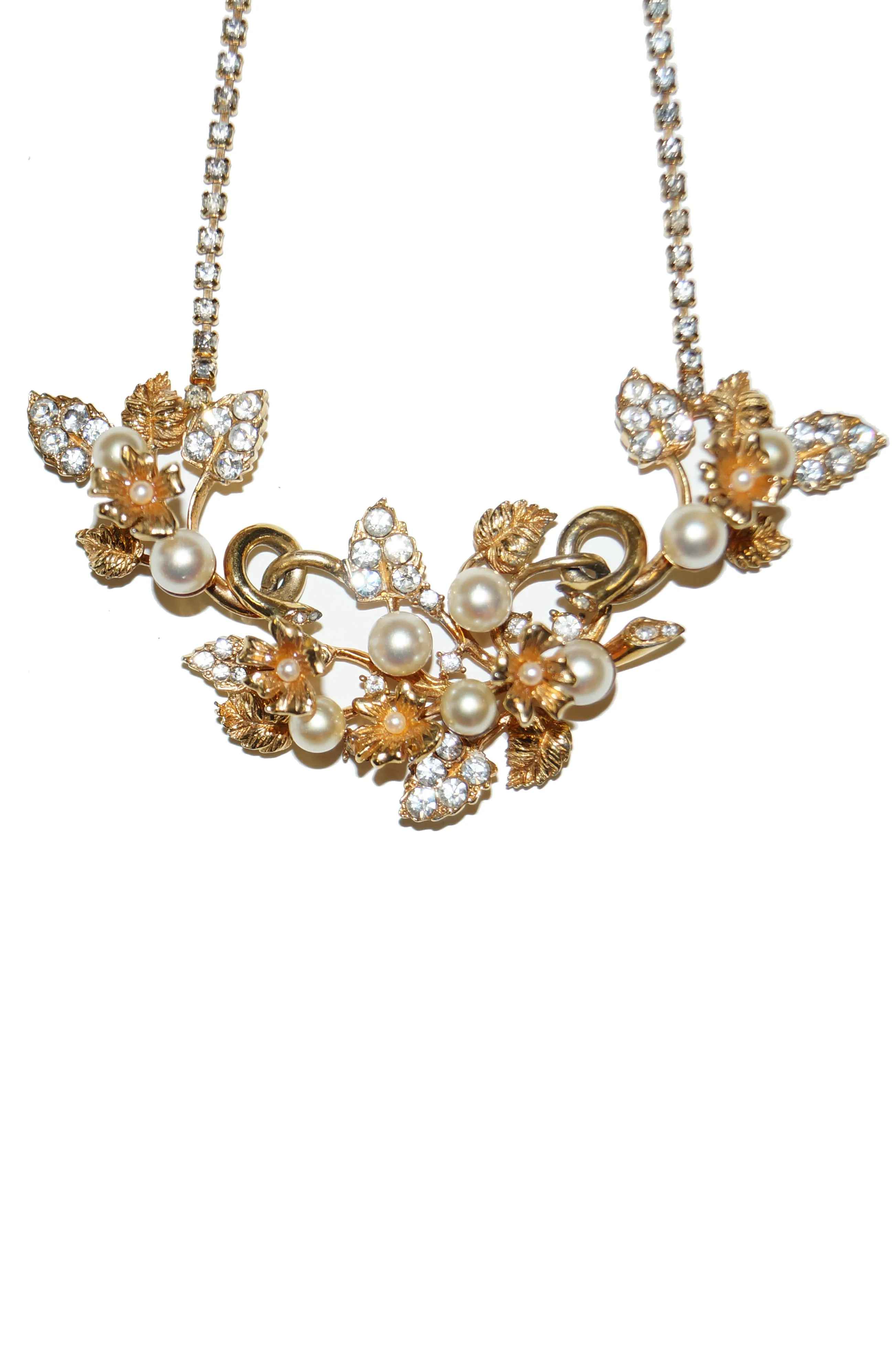 1960s Hattie Carnegie Floral Gold Tone Rhinestone Entremble Necklace