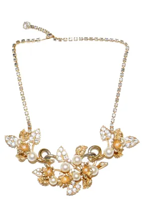 1960s Hattie Carnegie Floral Gold Tone Rhinestone Entremble Necklace