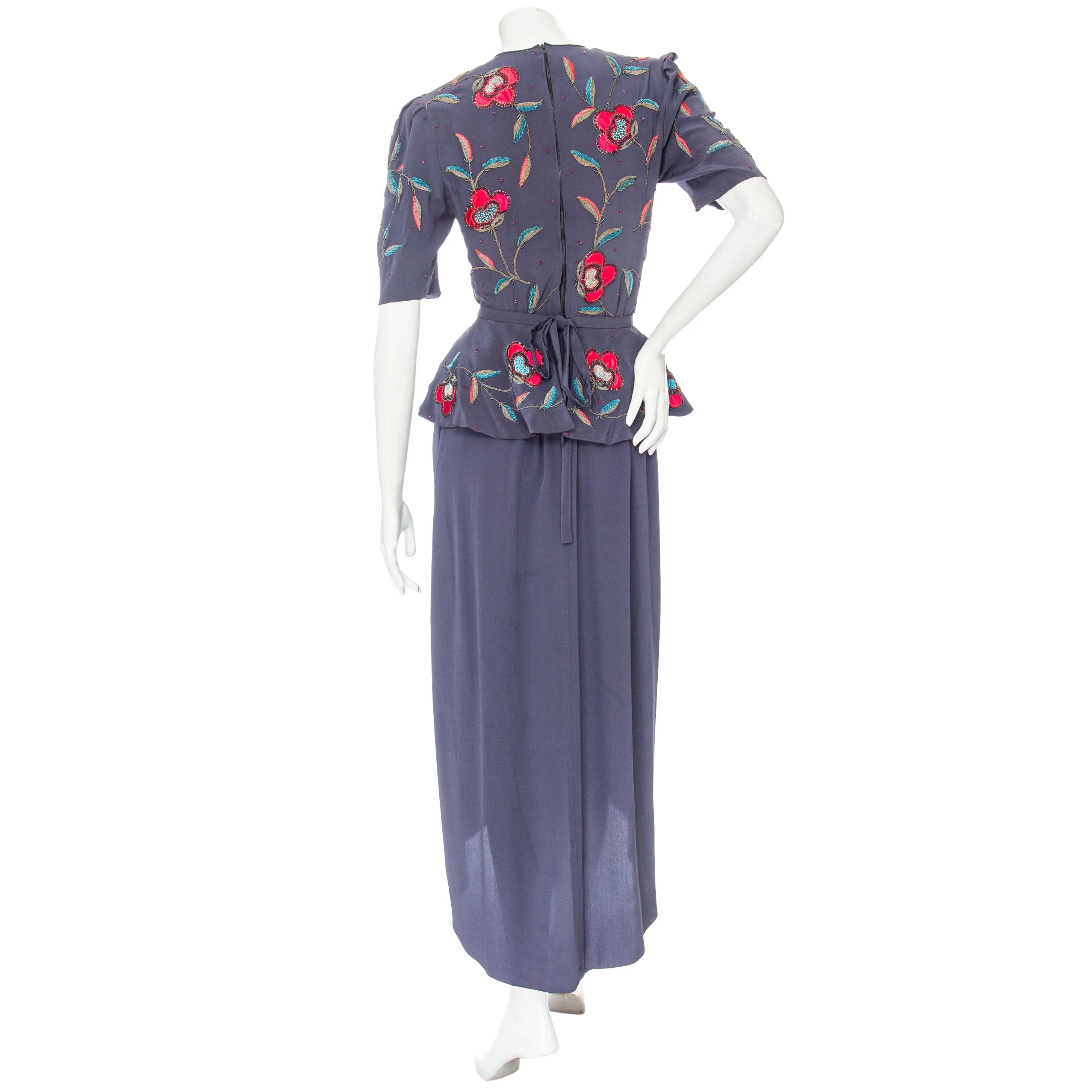 1970s Dusty Blue Silk Two-Piece Beaded Floral Draped Dress