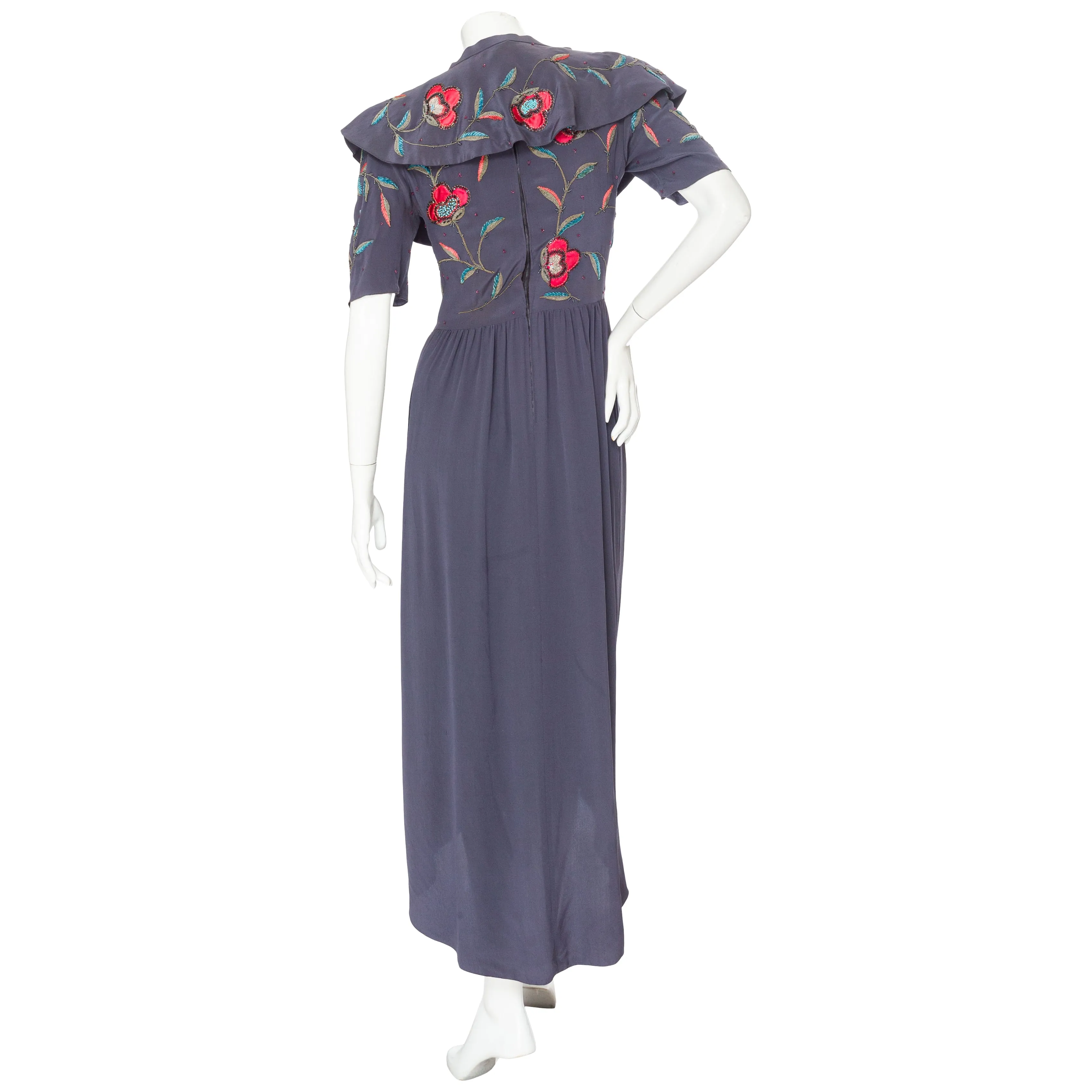 1970s Dusty Blue Silk Two-Piece Beaded Floral Draped Dress