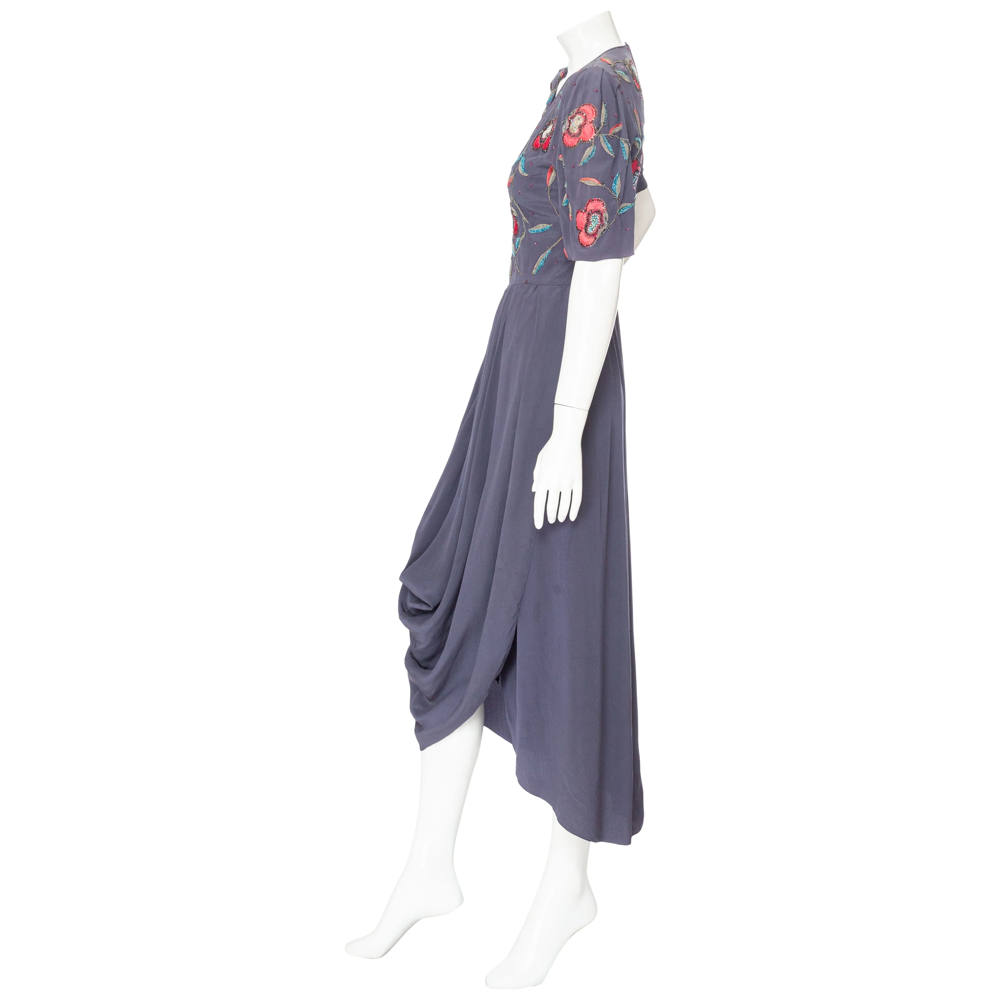 1970s Dusty Blue Silk Two-Piece Beaded Floral Draped Dress