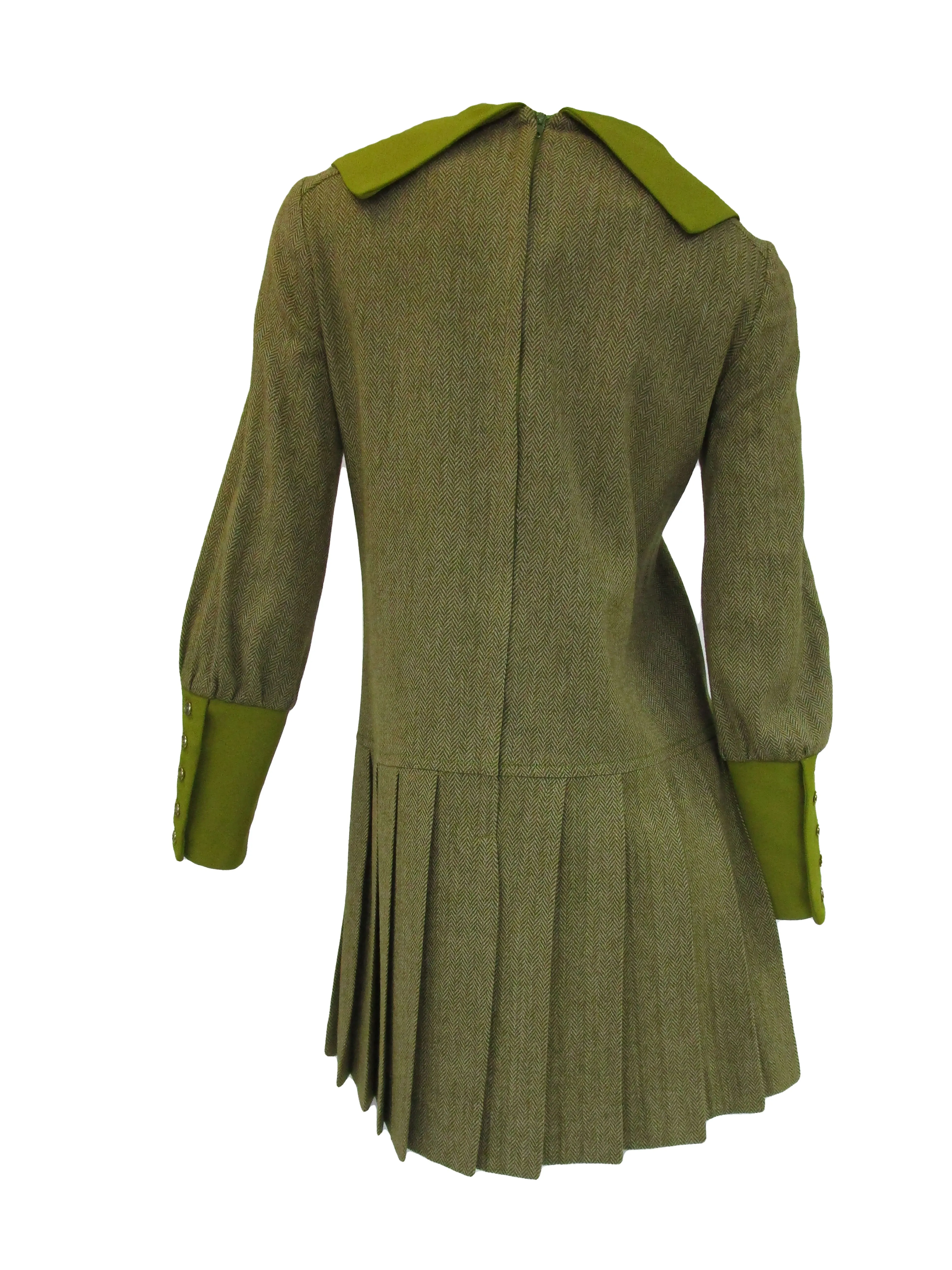 1970s Green Wool Dress With Detachable Neck Tie