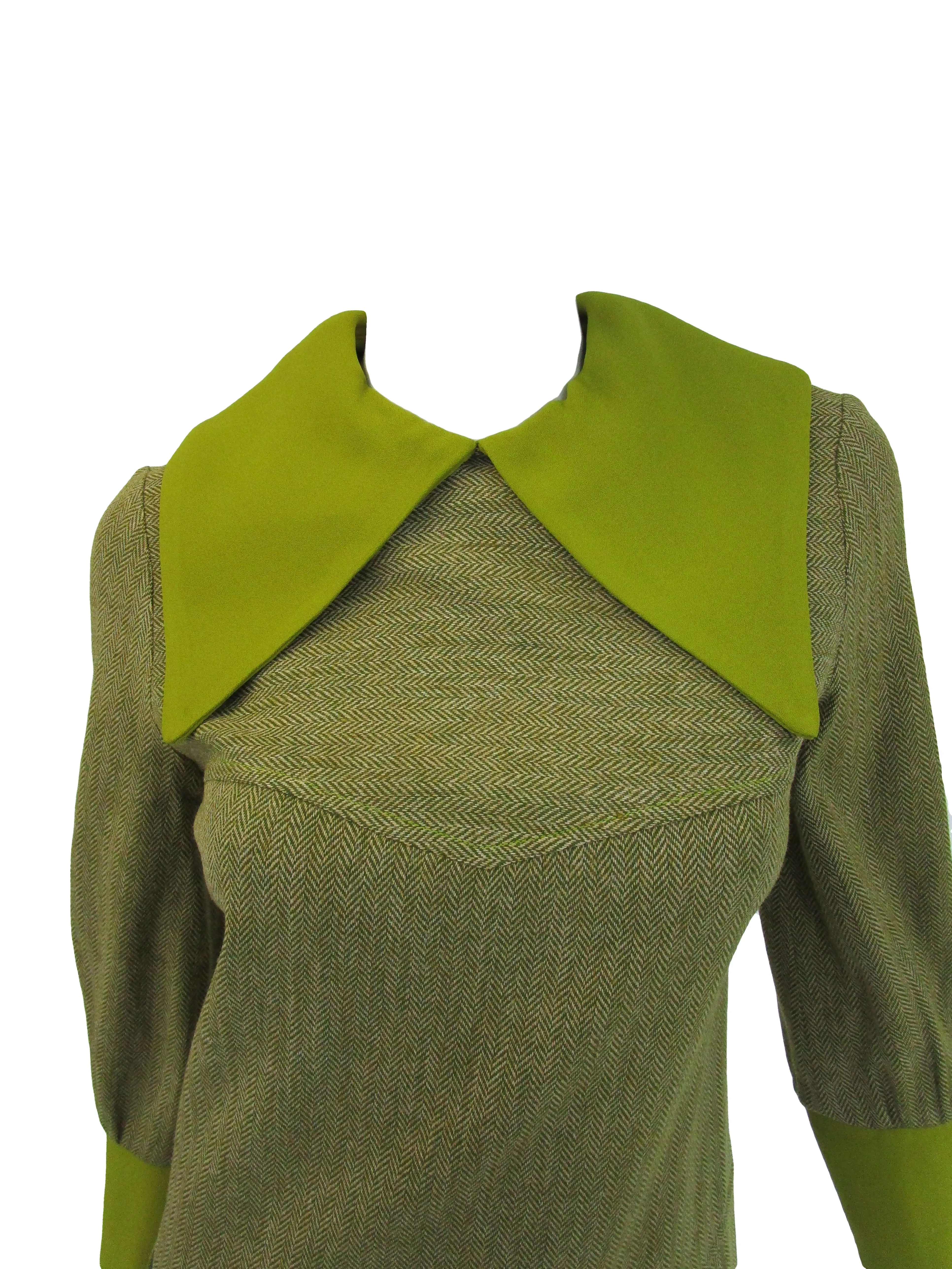 1970s Green Wool Dress With Detachable Neck Tie