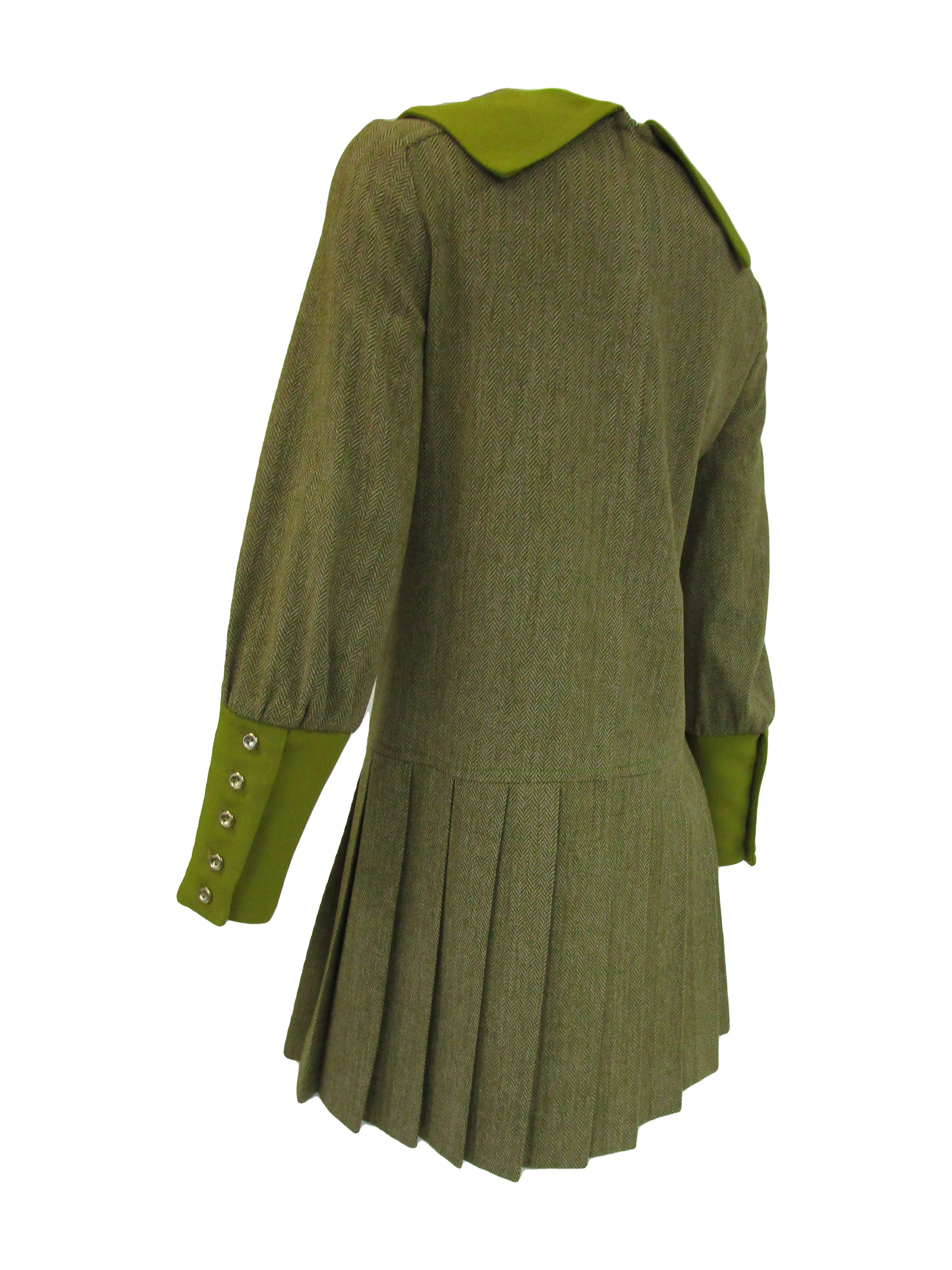 1970s Green Wool Dress With Detachable Neck Tie