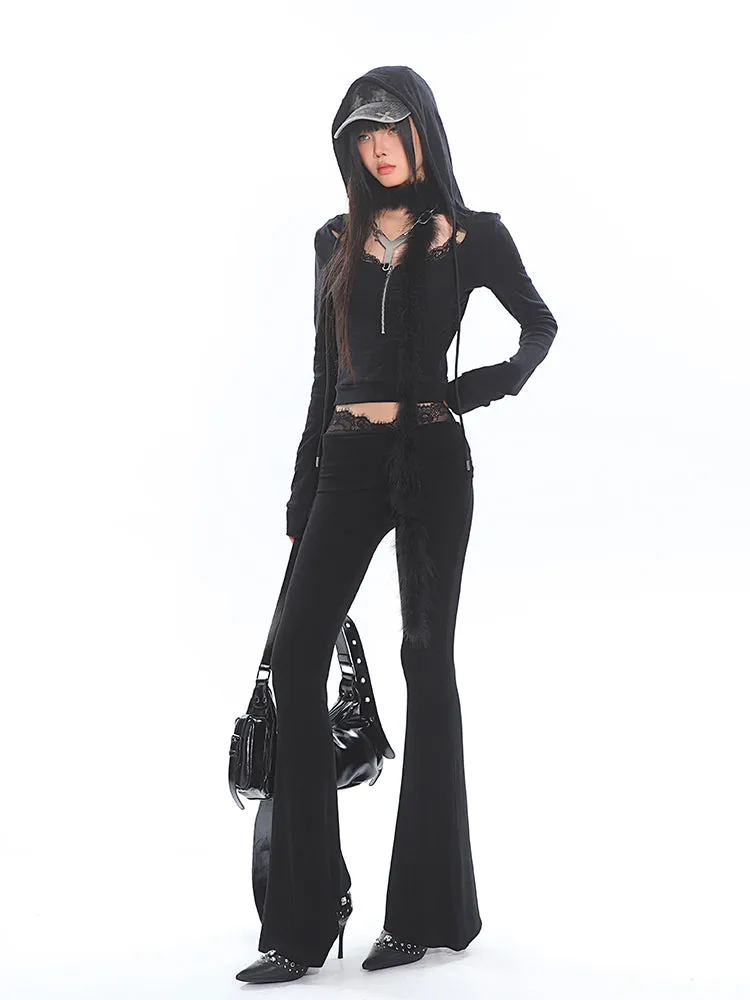 【24s Nov.】Dark Niche Hooded High Elastic Lace Top   Flared Trousers