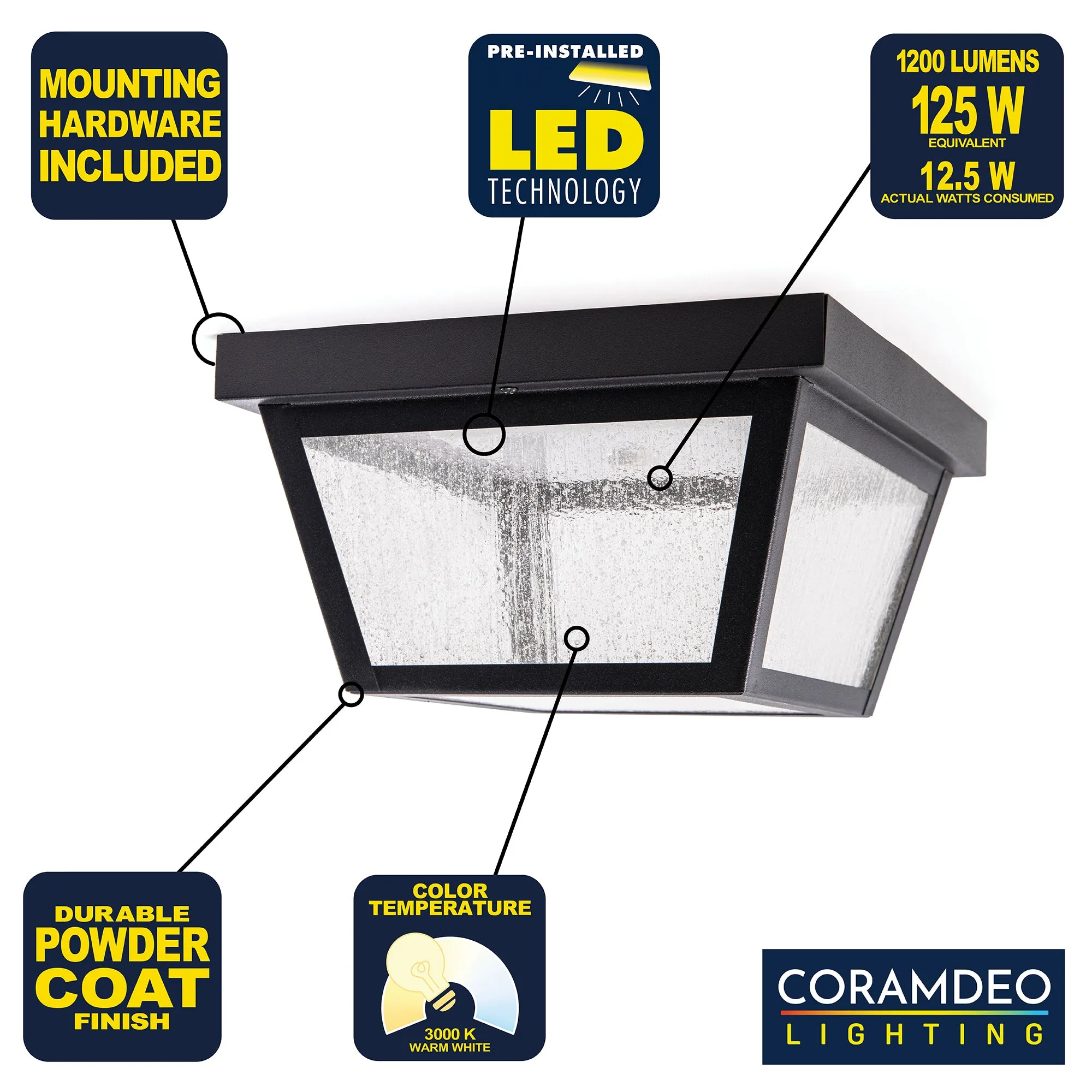 9.25” Integrated LED Square Ceiling Light, 1200 Lumens, 3K, Seedy Glass, in 3 Finishes