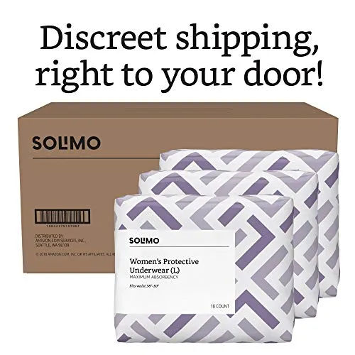 Amazon Brand - Solimo Incontinence Underwear for Women, Maximum Absorbency, Large, 54 Count, 3 Packs of 18