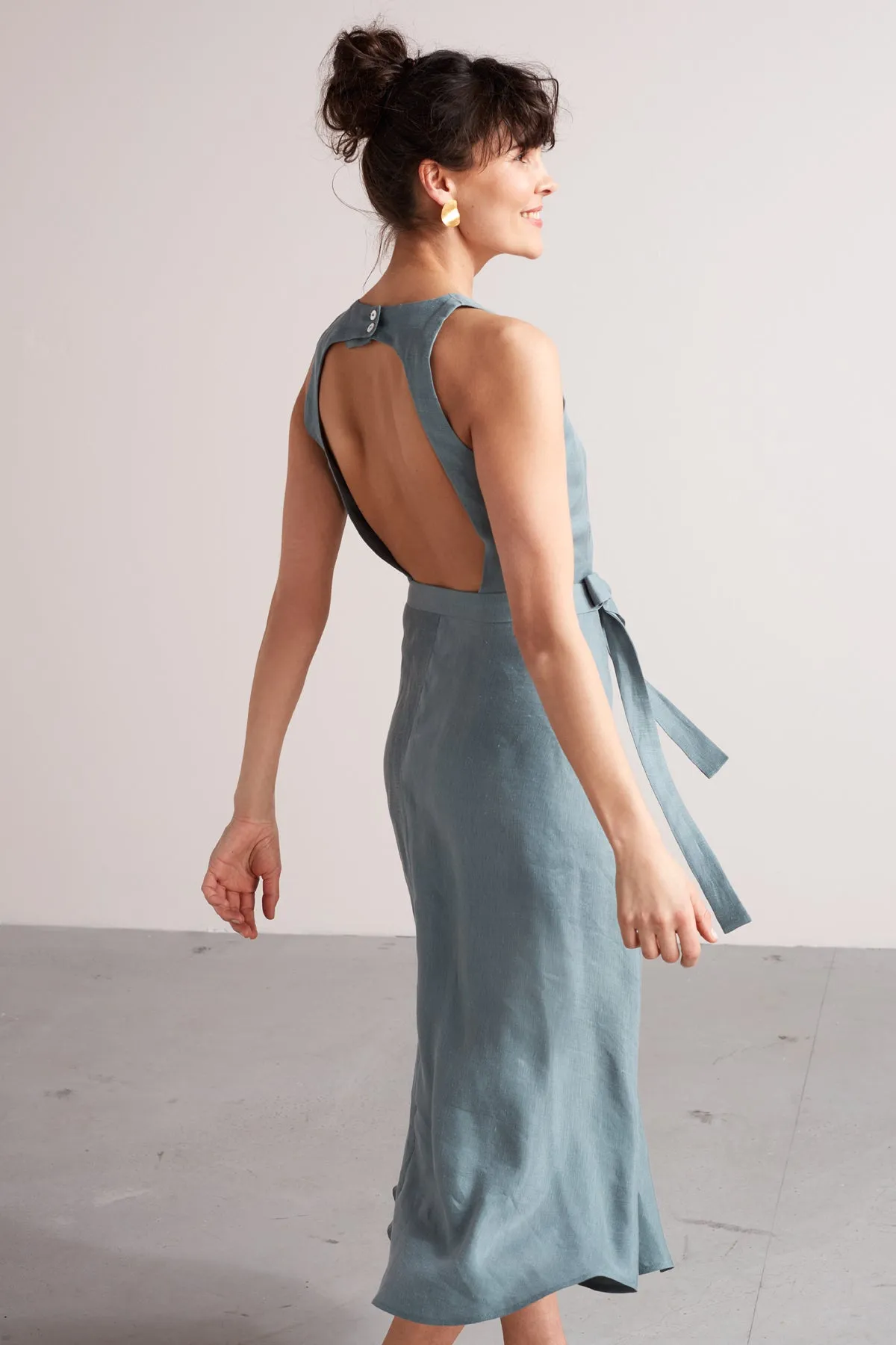 AMILA open back linen cupro midi dress in dusty blue