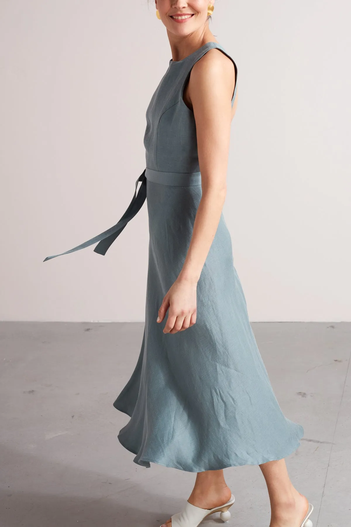 AMILA open back linen cupro midi dress in dusty blue