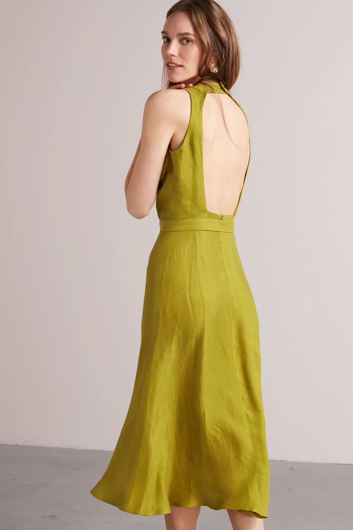 AMILA open back linen cupro midi dress in pear green