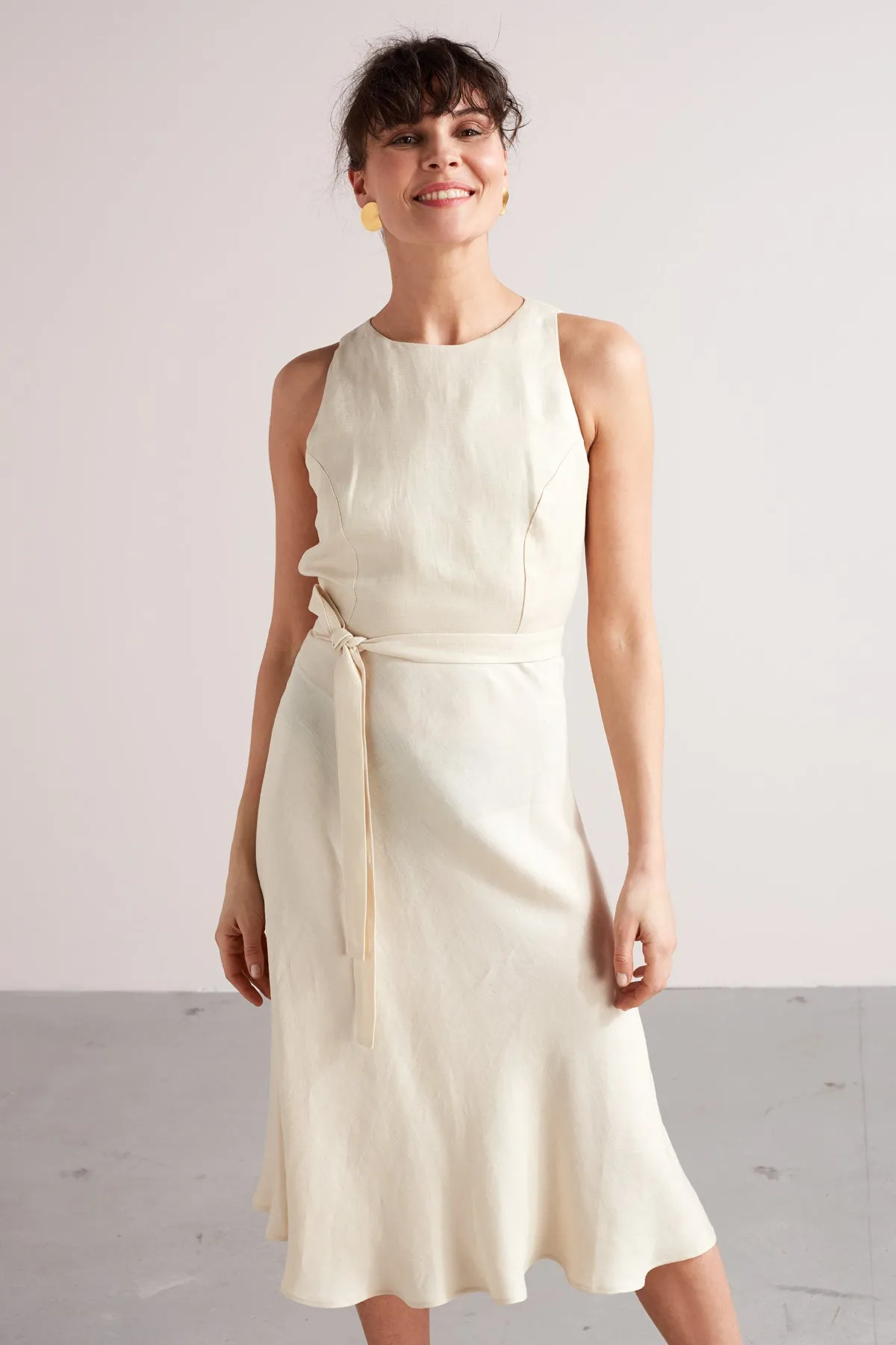 AMILA open back linen cupro midi dress in pear green