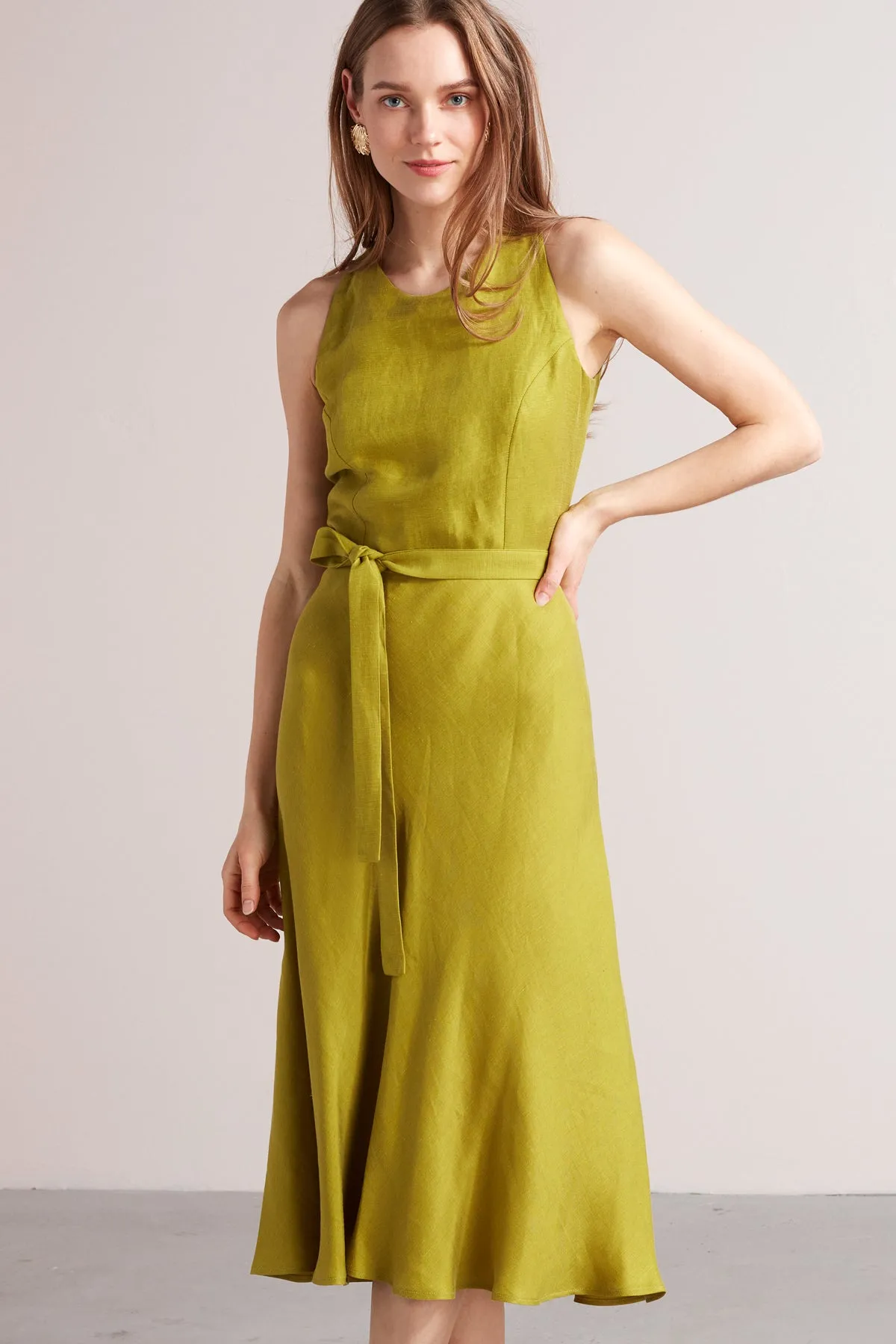 AMILA open back linen cupro midi dress in pear green