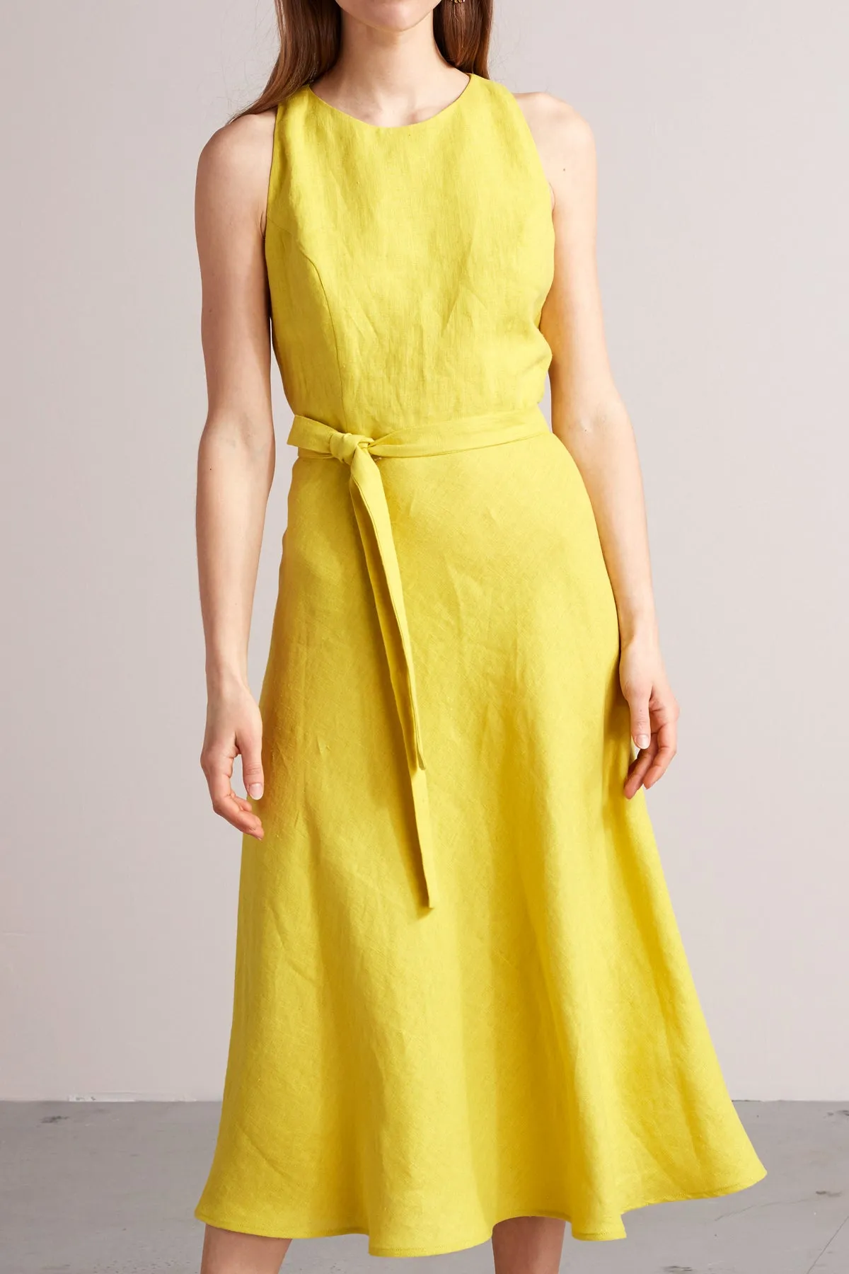 AMILA open back linen midi dress in lemon yellow