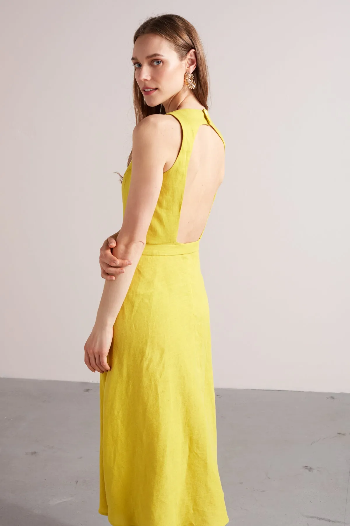 AMILA open back linen midi dress in lemon yellow