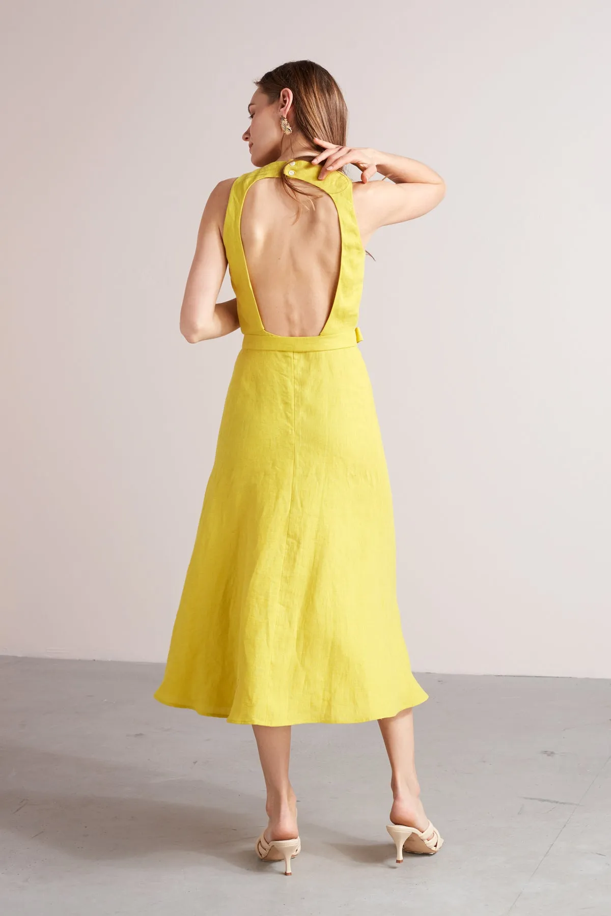 AMILA open back linen midi dress in lemon yellow