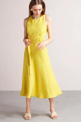 AMILA open back linen midi dress in lemon yellow