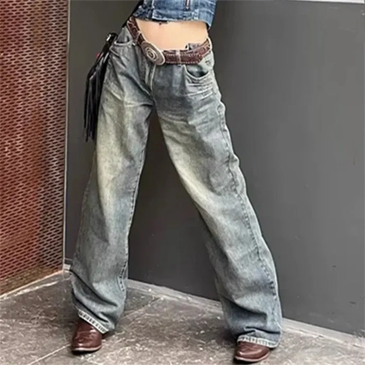 Amozae 2000s fashion Washed Retro Loose Flared Jeans Women's Autumn Slimming High Waist Distressed Loose All-Match Low Waist Trousers