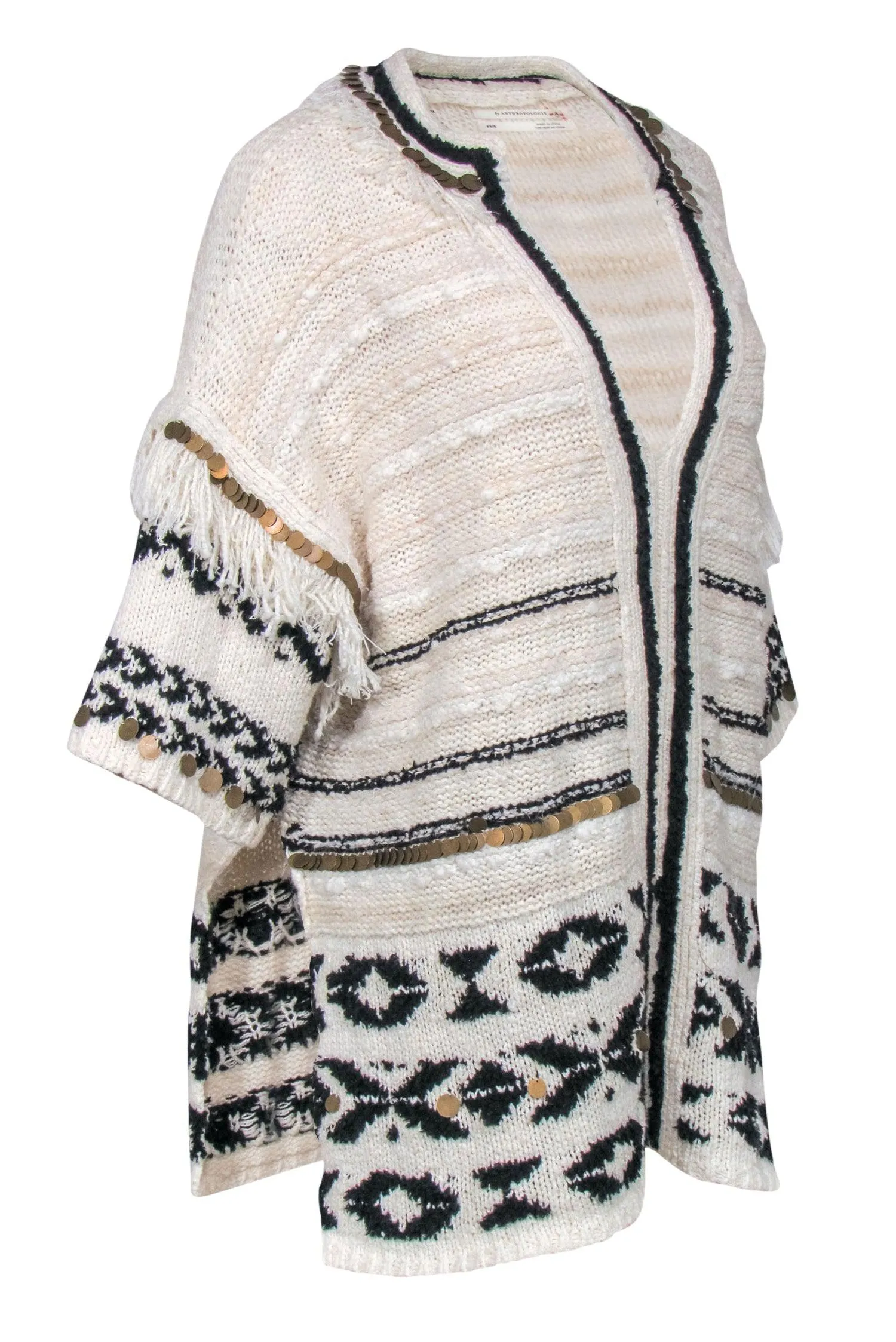 Anthropologie - Ivory & Black Tunic Sweater w/ Fringe & Embellished Trim Sz XS/S