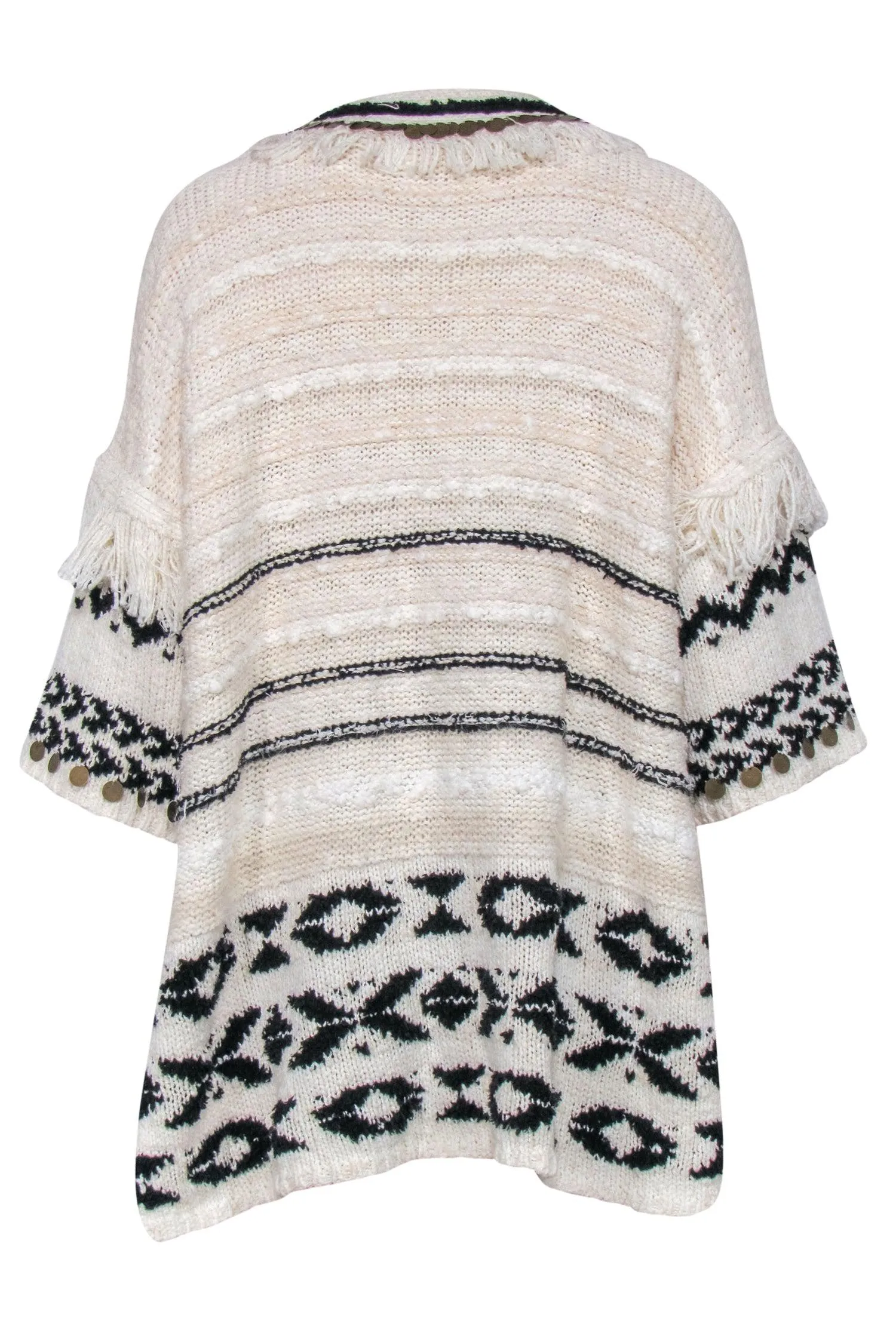 Anthropologie - Ivory & Black Tunic Sweater w/ Fringe & Embellished Trim Sz XS/S