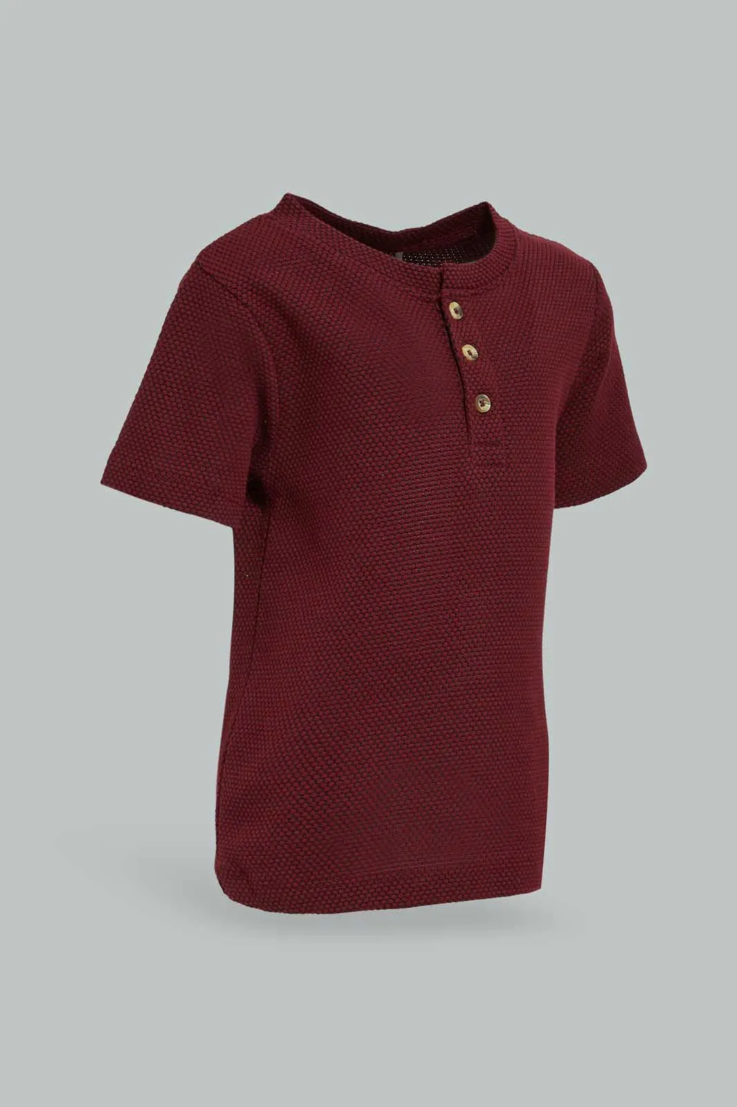 Baby Boys Maroon Jacquard Henley T-Shirt