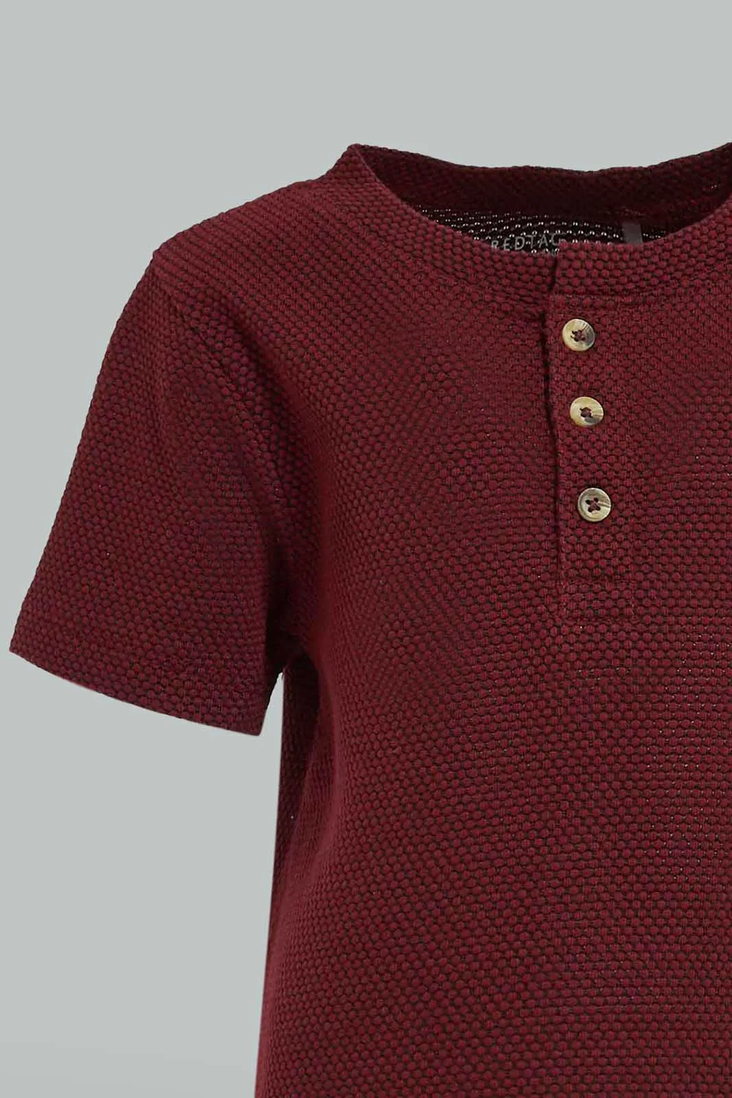 Baby Boys Maroon Jacquard Henley T-Shirt