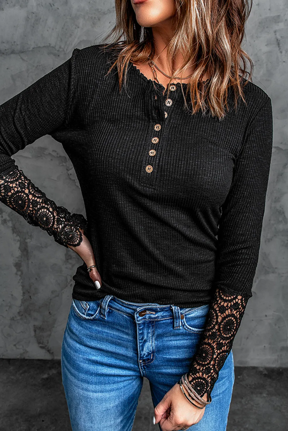 Beige Ribbed Lace Crochet Long Sleeve Henley Shirt for Women