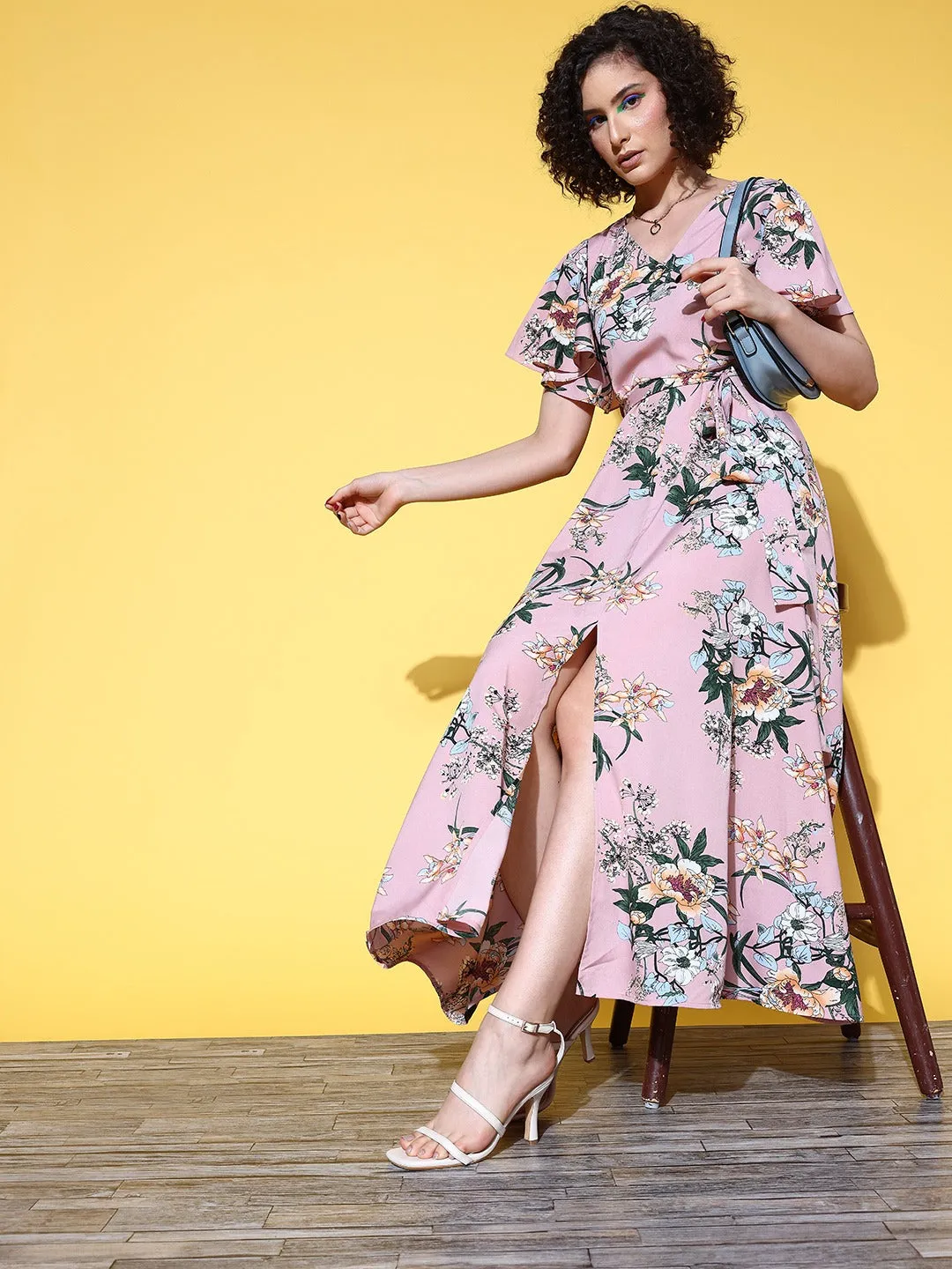 Berrylush Women Pink & Green Floral Printed V-Neck Waist Tie-Up Thigh-High Slit Pleated A-Line Midi Dress