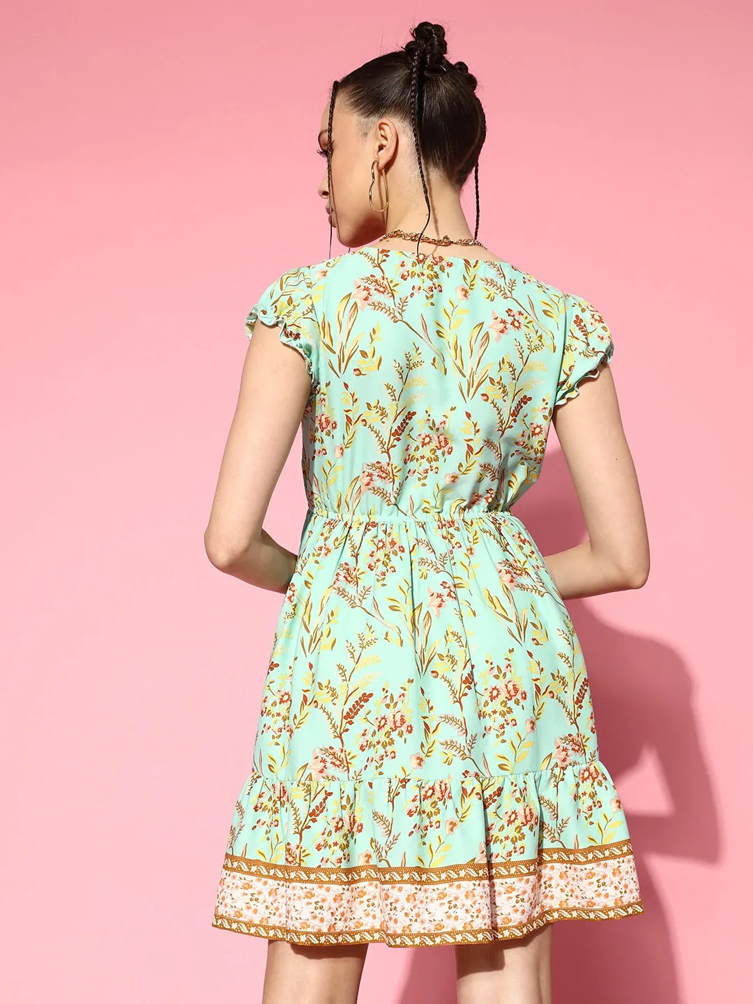 Berrylush Women Sea Green & Multicolour Floral Printed V-Neck Cap Sleeves Flared A-Line Mini Dress