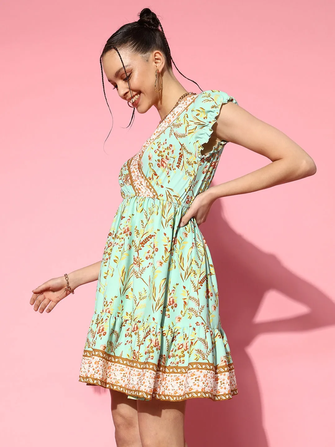 Berrylush Women Sea Green & Multicolour Floral Printed V-Neck Cap Sleeves Flared A-Line Mini Dress