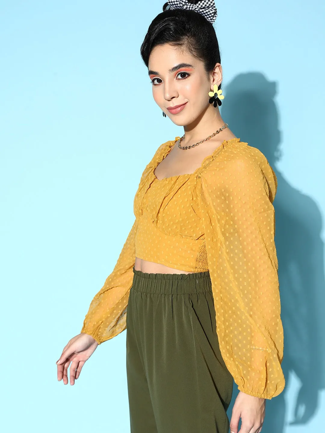 Berrylush Women Solid Mustard Yellow Dobby Weave Sweetheart Neck Georgette Semi-Sheer Pleated Empire Crop Top