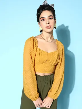 Berrylush Women Solid Mustard Yellow Dobby Weave Sweetheart Neck Georgette Semi-Sheer Pleated Empire Crop Top