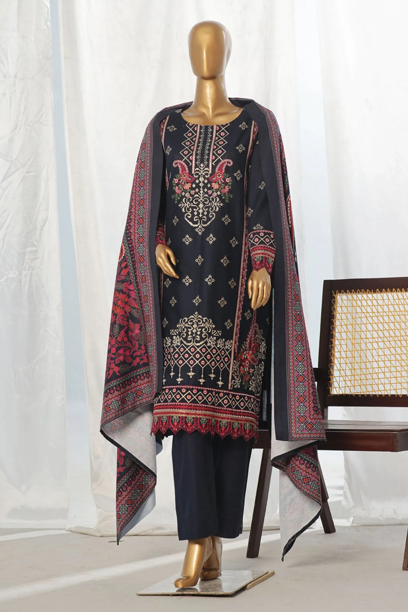 Bin Saeed Stitched 3 Piece Exclusive Slub Emb Khaddar Vol-03 Collection'2024-WKK-1287-Navy Blue