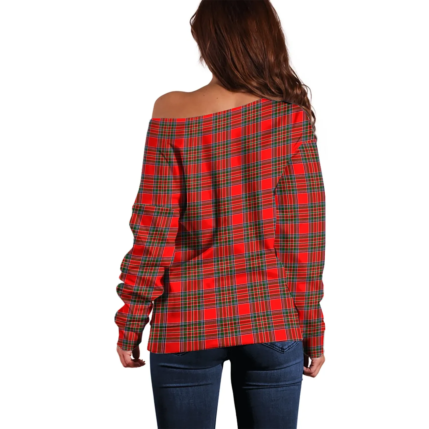 Binning Tartan Off Shoulder Women Sweater with Family Crest