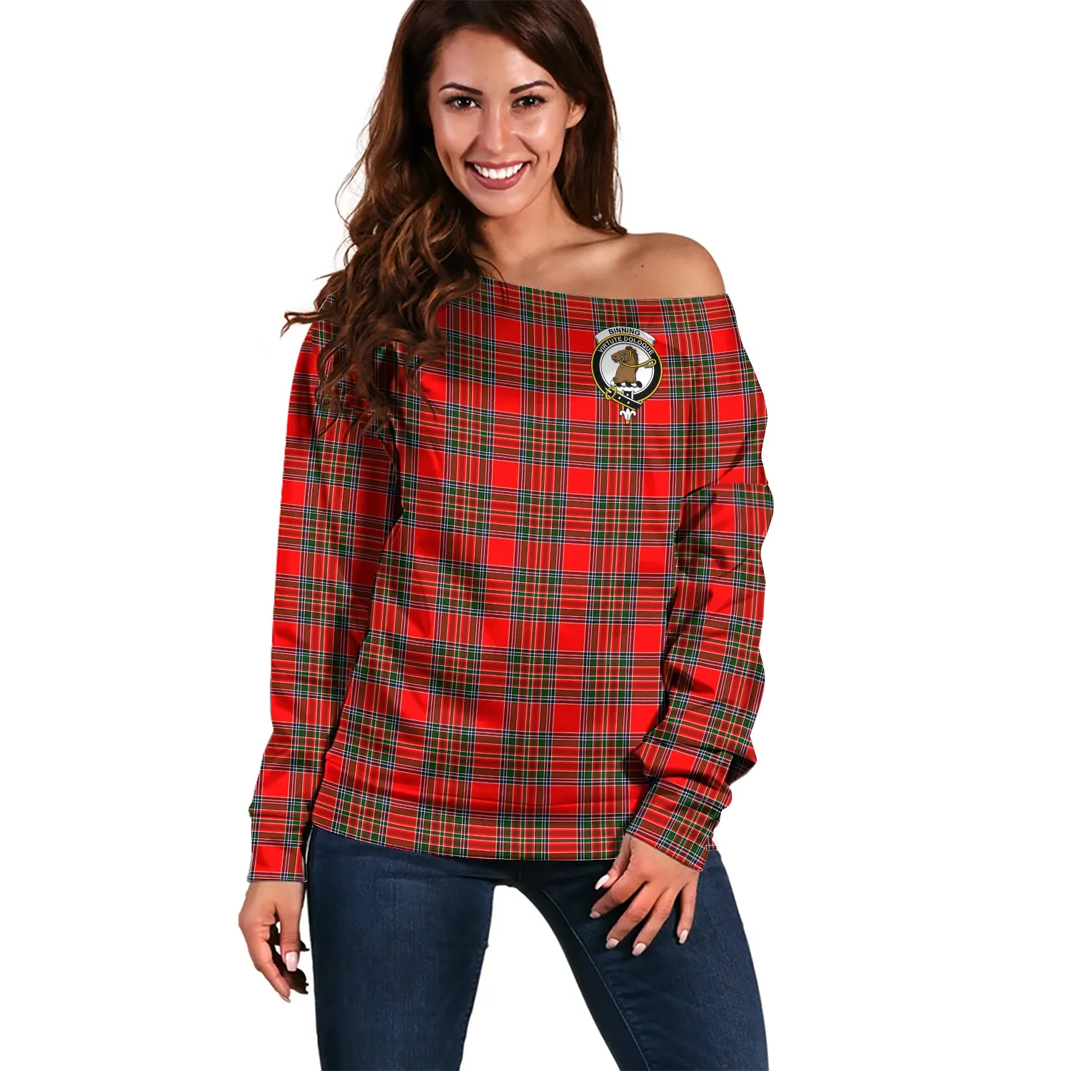 Binning Tartan Off Shoulder Women Sweater with Family Crest