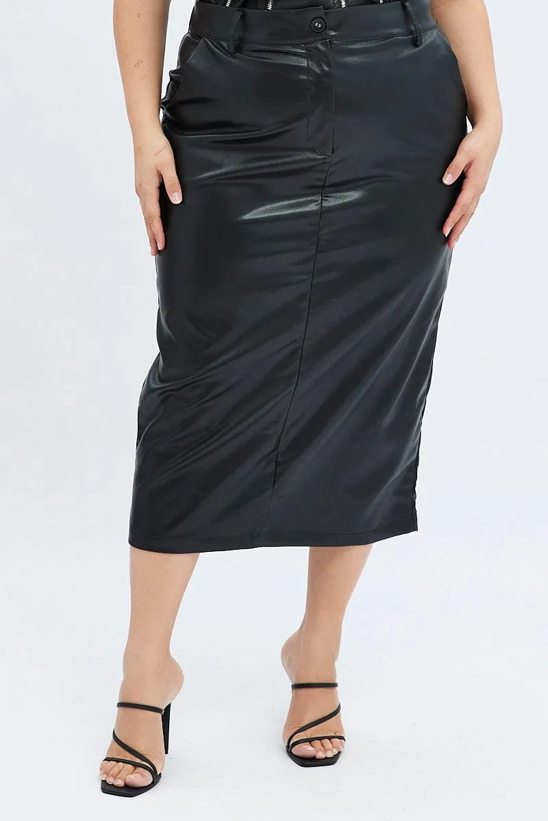 Black Midi Skirt Faux Leather Pencil High Waist