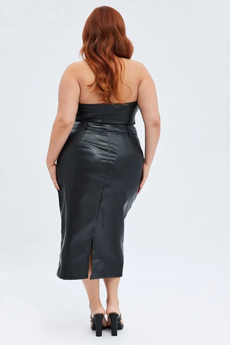 Black Midi Skirt Faux Leather Pencil High Waist