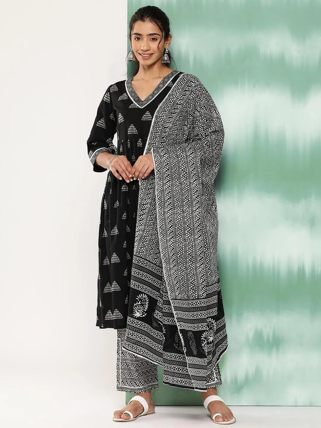 Black Printed Cotton A-Line Kurta With Trousers and Dupatta