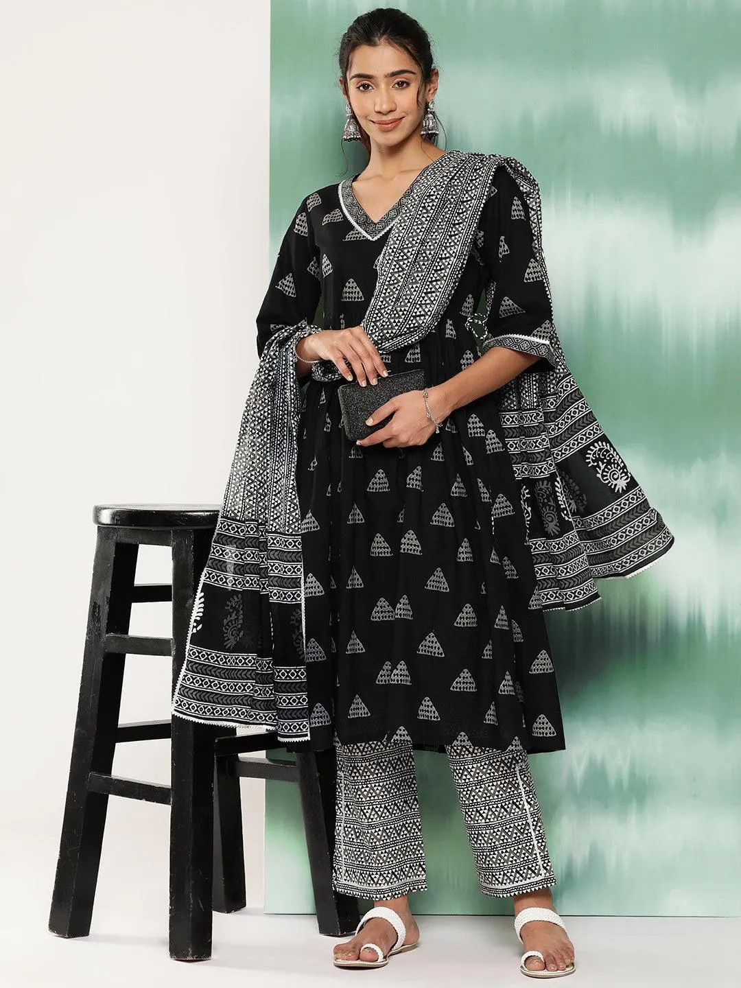 Black Printed Cotton A-Line Kurta With Trousers and Dupatta