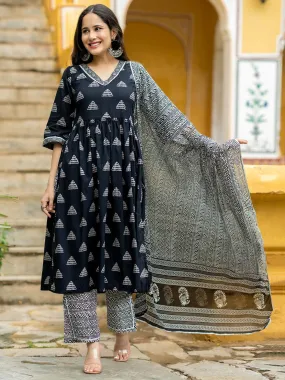 Black Printed Cotton A-Line Kurta With Trousers and Dupatta