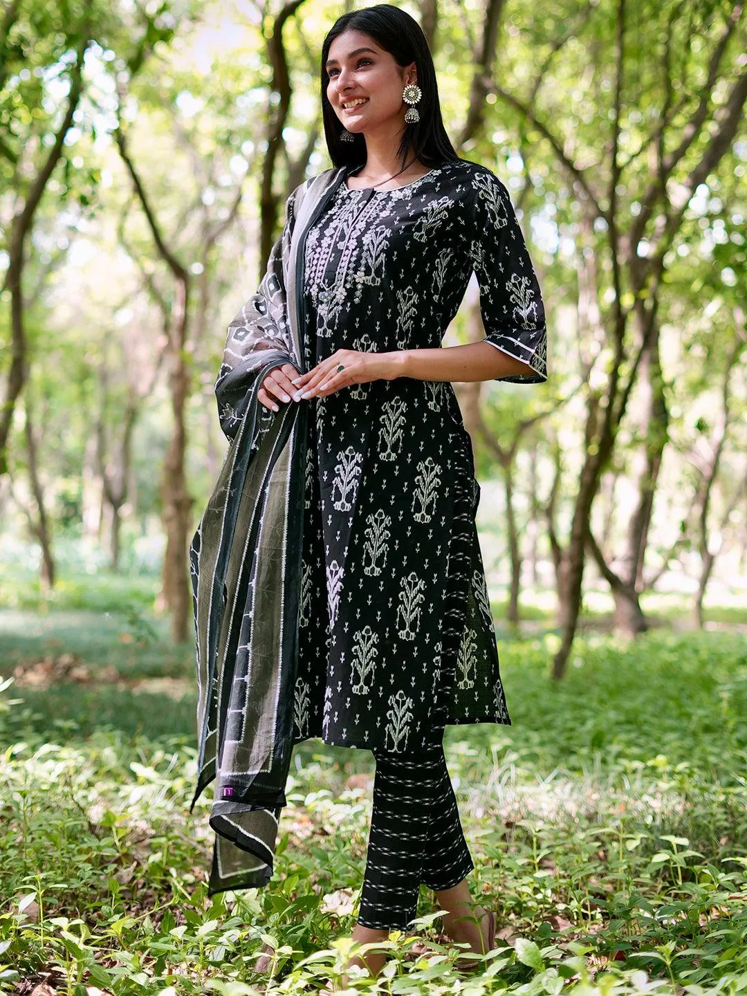 Black Printed Cotton Straight Kurta With Trousers & Dupatta