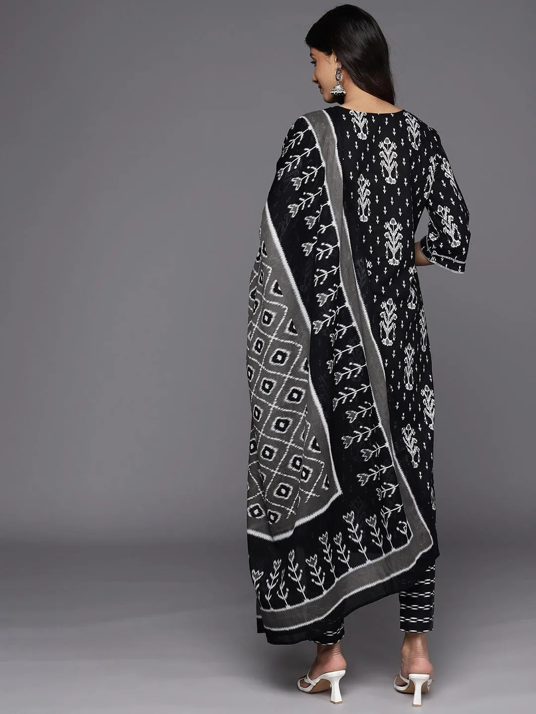 Black Printed Cotton Straight Kurta With Trousers & Dupatta