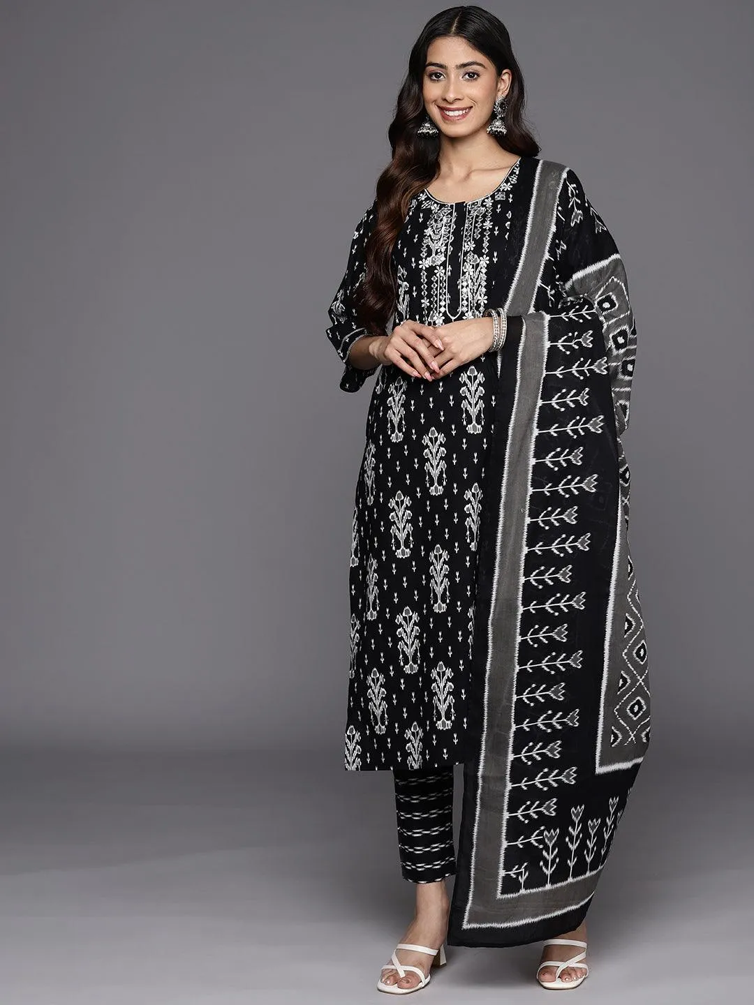 Black Printed Cotton Straight Kurta With Trousers & Dupatta