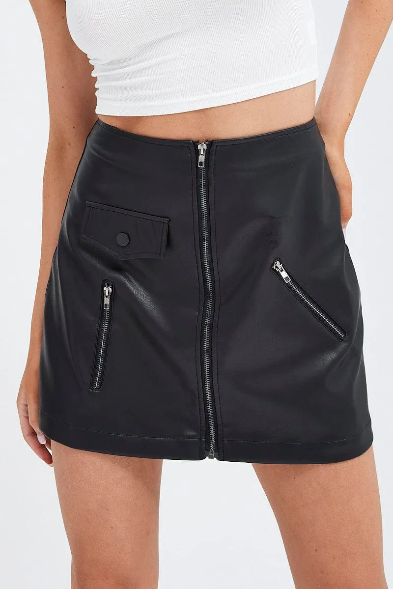 Black PU Skirt Mini High Rise Pencil Biker Faux Leather