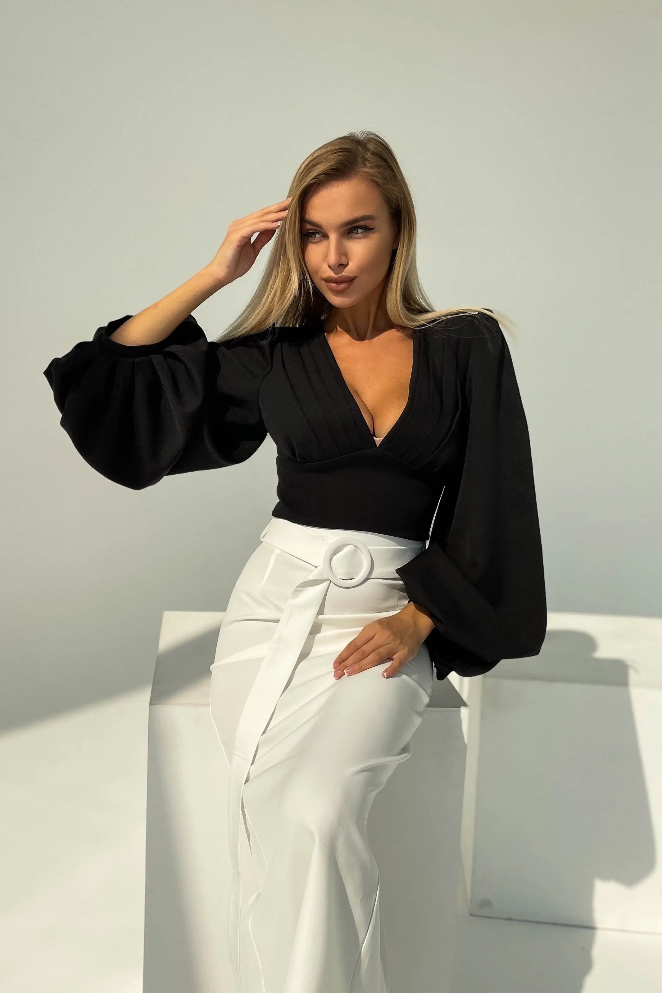 Black Puff Sleeve V-neck Blouse